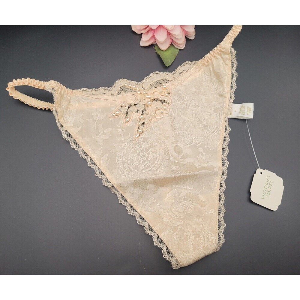 Vtg M/L Victorias Secret Satin T Back / Thong Panties G String Beaded GOLD